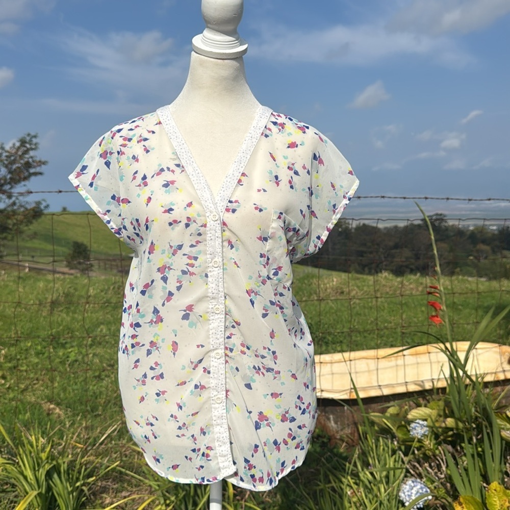 Y2K Rip Curl Boardwalk Bouquet Floral Sheer Short Sleeve Pastel Vneck Top M